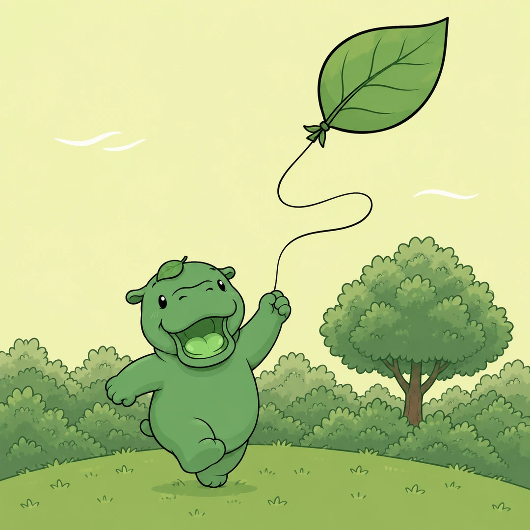 Moo flying a leaf kite