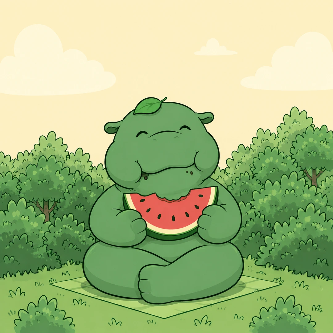 Moo enjoying a watermelon snack